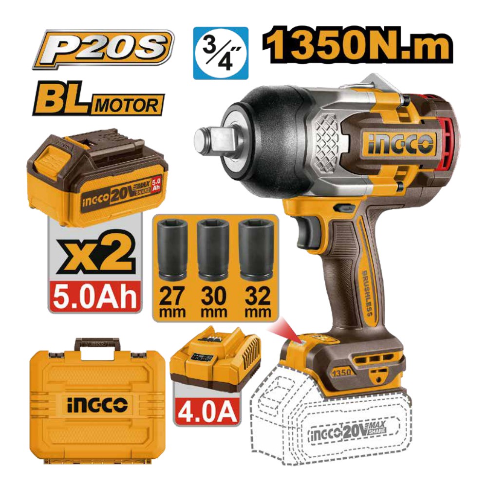 Llave de impacto inalámbrica 3/4" BL 20V 1350 N.m + 2 baterías 5.0Ah + cargador + maleta INGCO