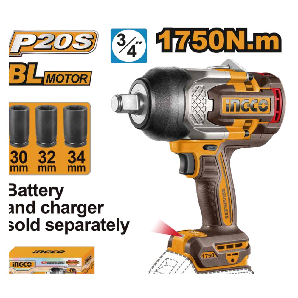 Llave de impacto inalámbrica 3/4" BL 20V 1750 N.m INGCO