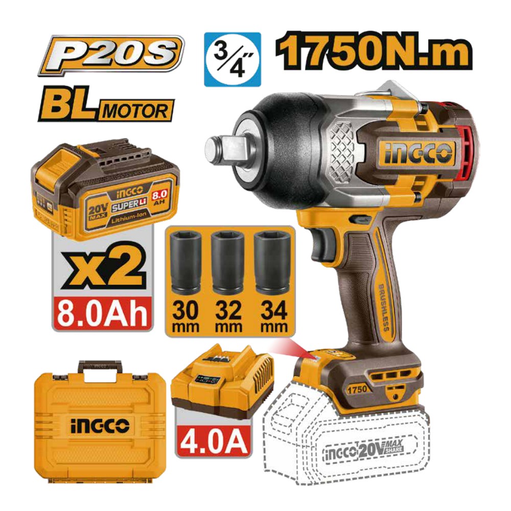 Llave de impacto inalámbrica 3/4" BL 20V 1750 N.m + 2 baterías 8.0Ah + cargador + maleta INGCO