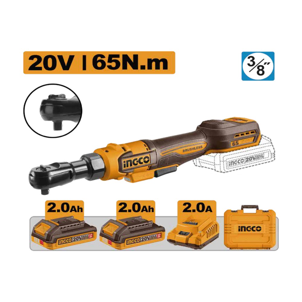 Llave de rachet 3/8" BL 20V 65 N.m + 2 baterías 2.0Ah + maleta INGCO