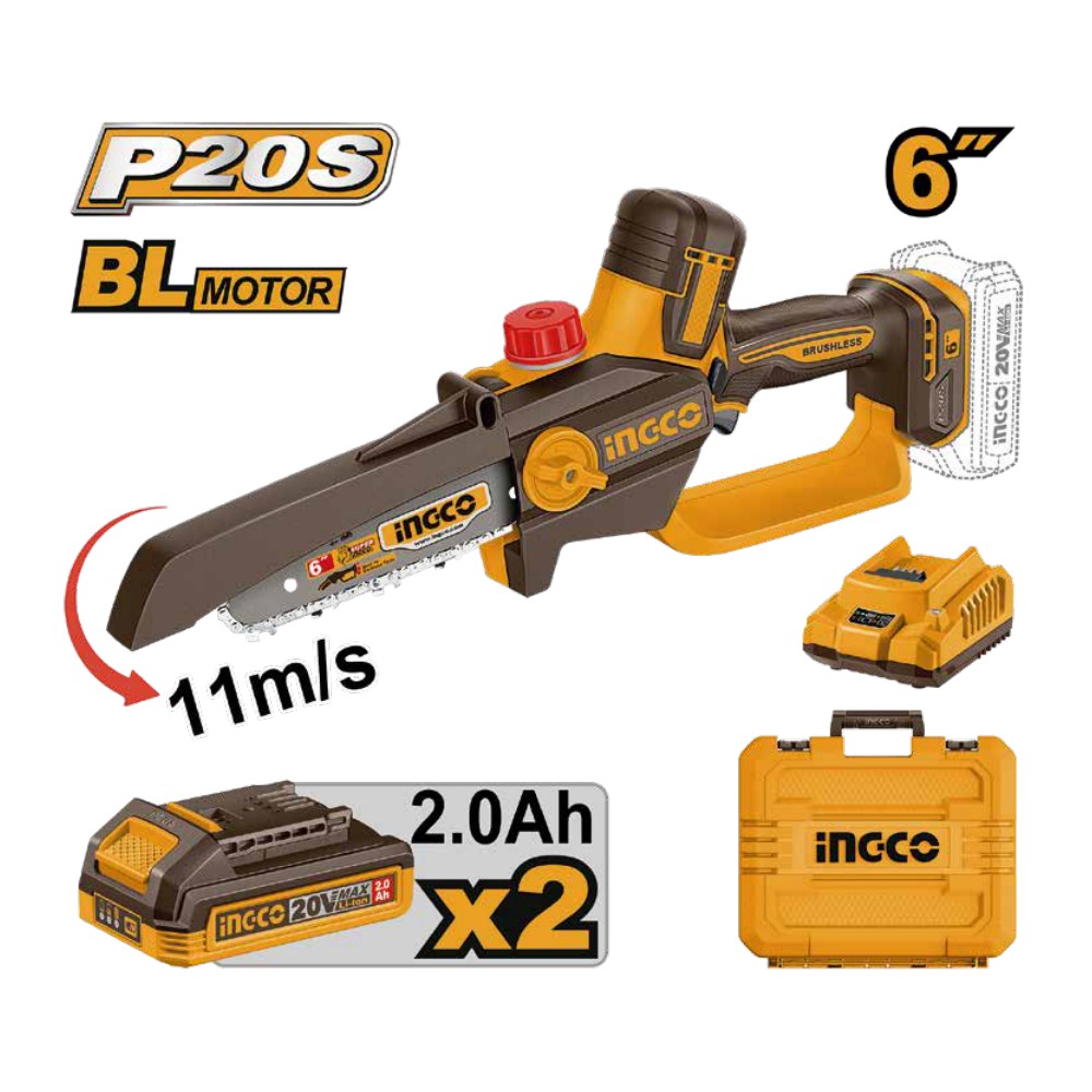 Motosierra de iones de litio 6" BL 20V 11M/S + 2 baterías 2.0Ah + cargador + maleta