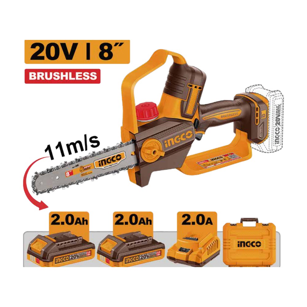 Motosierra de iones de litio 8" 11M/S BL 20V + 2 baterías 2.0Ah + cargador INGCO
