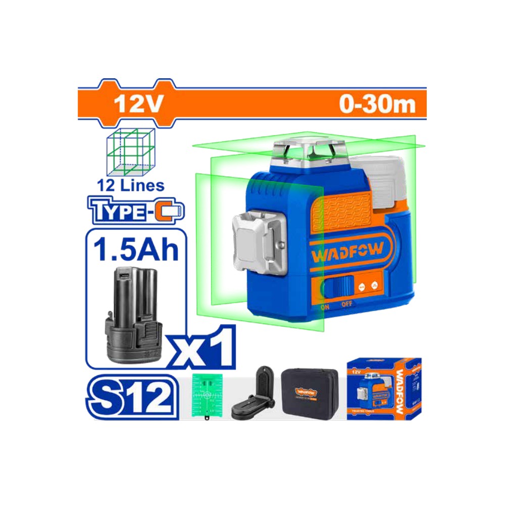 [WLE8M12] Laser de linea autonivelante luz verde 2 lineas 3D 12V