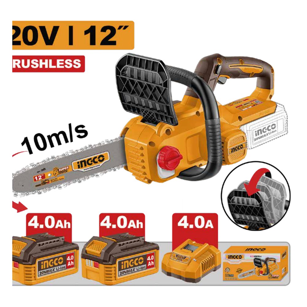 Motosierra de iones de litio 12" BL 20V + 2 baterías 4.0Ah + cargador INGCO