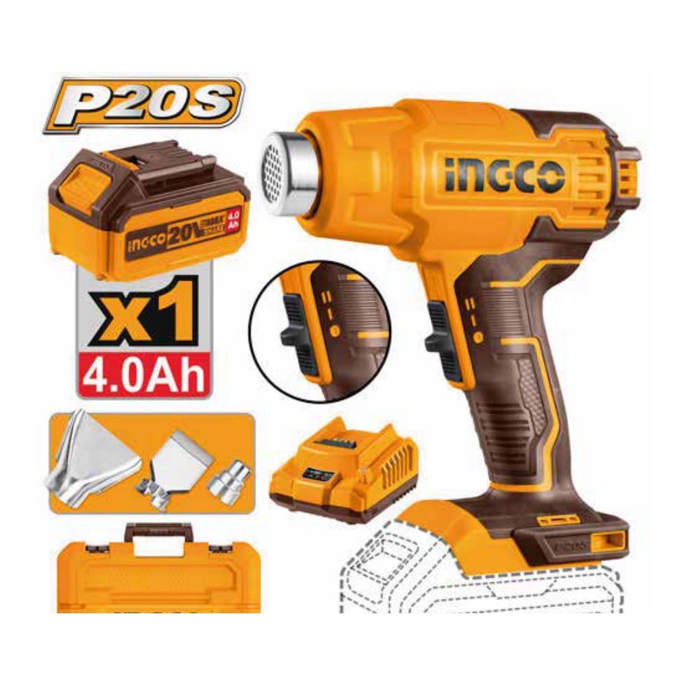 Pistola de calor inalámbrica 20V 300/550 °c + 1 batería 4.0Ah + cargador + maleta INGCO
