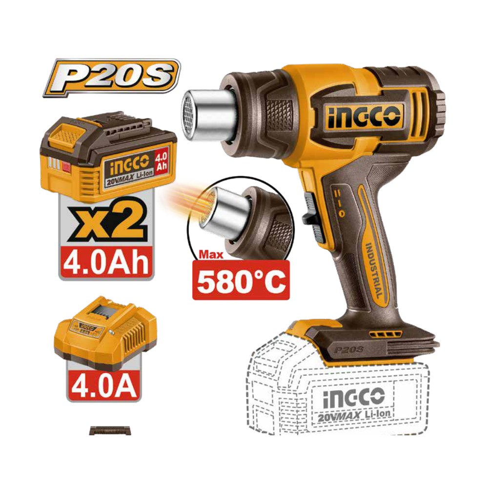 Pistola de calor inalámbrica 20V 300/580 °c + 2 baterías 4.0Ah + cargador + maleta