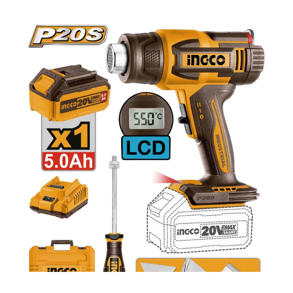 Pistola de calor inalámbrica 30/550°C 20V + 1 batería 5.0Ah + cargador + maleta