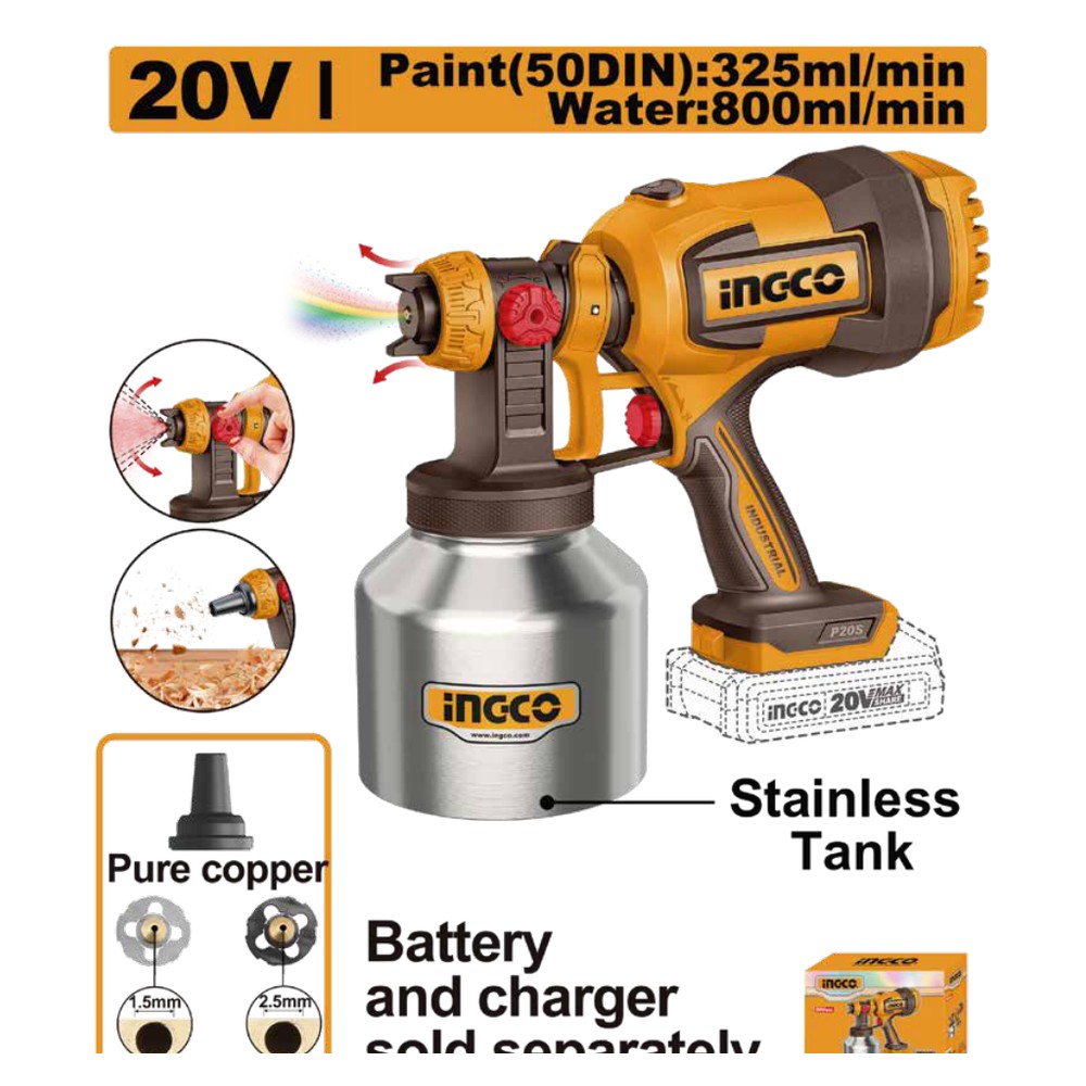 Pistola rociadora inalámbrica 800ML/MIN vaso metálico 20V INGCO