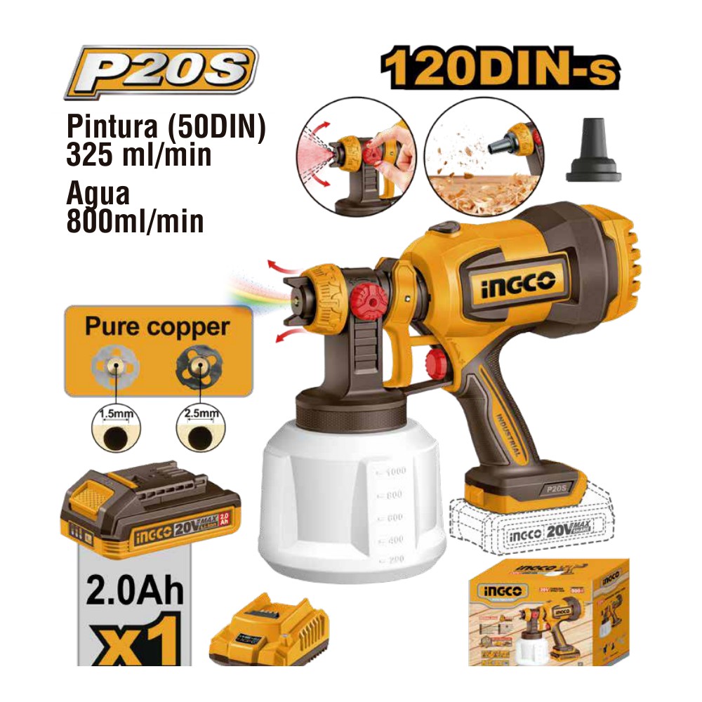 Pistola rociadora inalámbrica 800ML/MIN 20V + 1 batería 2.0Ah + cargador