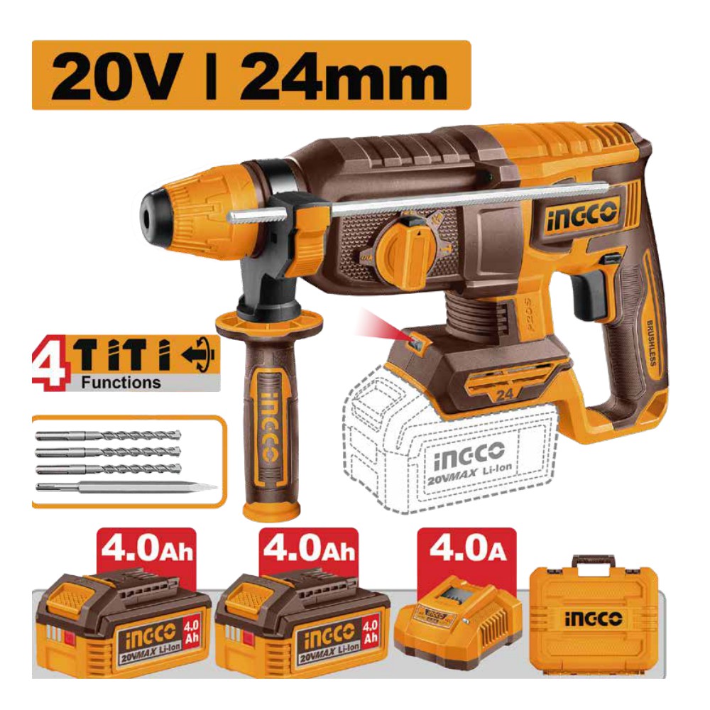 Rotomartillo 15/16" BL 20V 2,4J + 2 baterías 4.0Ah + cargador + maleta INGCO