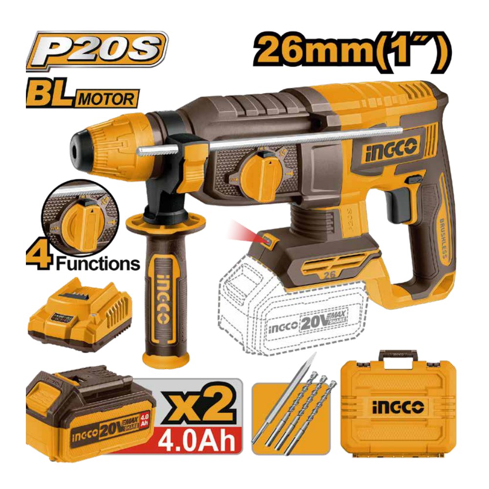 Rotomartillo 1" BL 20V 2,5J + 2 baterías 4.0Ah + cargador + maleta