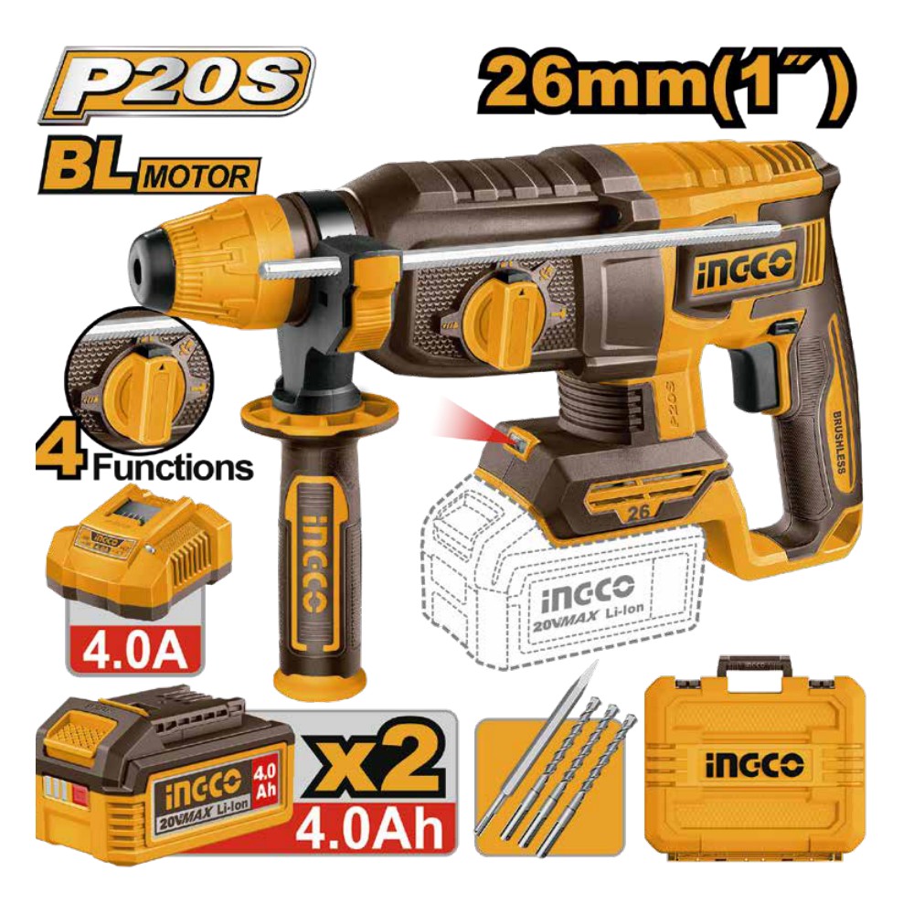 Rotomartillo 1" 26MM BL 20V 2,5J + 2 baterías 4.0Ah + cargador + maleta