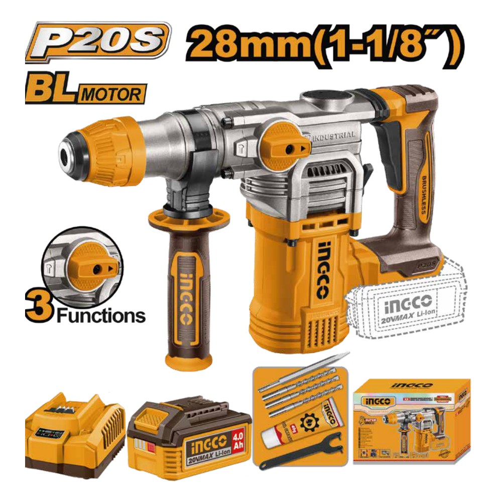 [CRHLI20288K] Kit rotomartillo inalámbrico 4,5J BL 20V INGCO