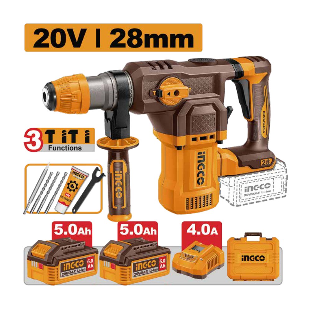 Rotomartillo 1-1/8" BL 20V 4,5J + 2 baterías 5.0Ah + cargador + maleta INGCO