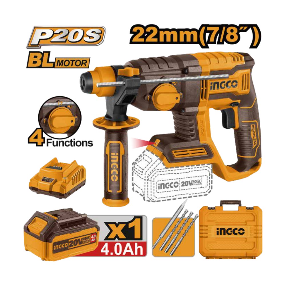 Rotomartillo 7/8" BL 20V 2,0J + 1 batería 4.0Ah + cargador + maleta INGCO