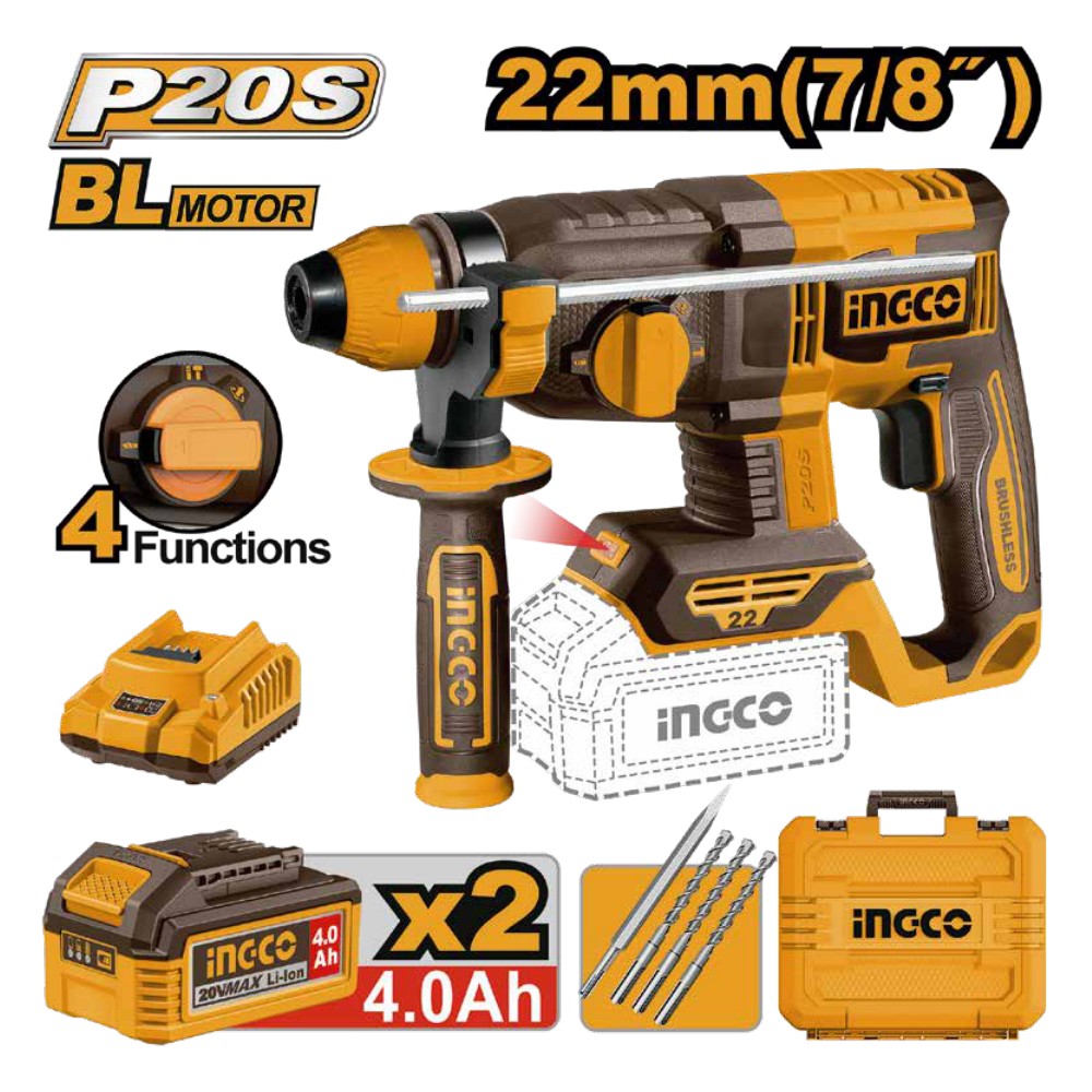Rotomartillo 7/8" BL 20V 2,0J + 2 baterías 4.0Ah + cargador + maleta