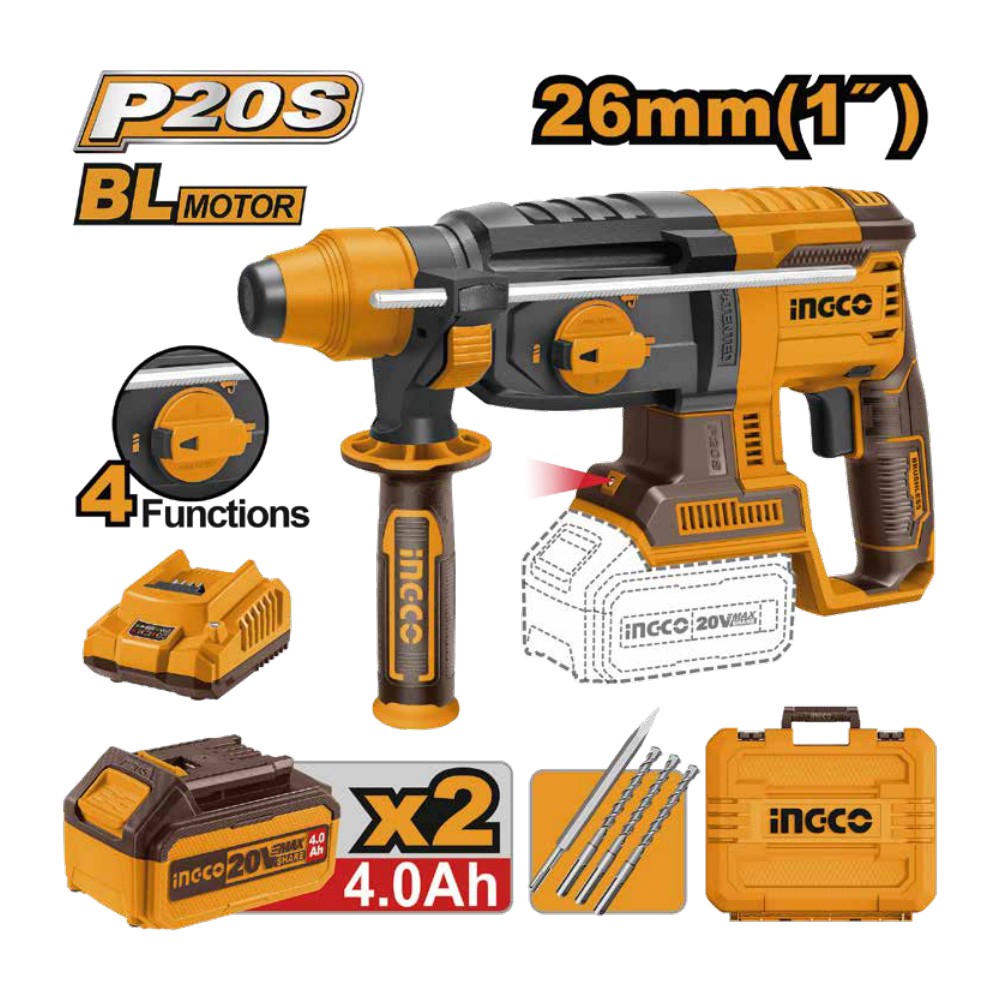 Rotomartillo 1" BL 20V 2,5J + 2 baterías 4.0Ah + cargador + maleta INGCO
