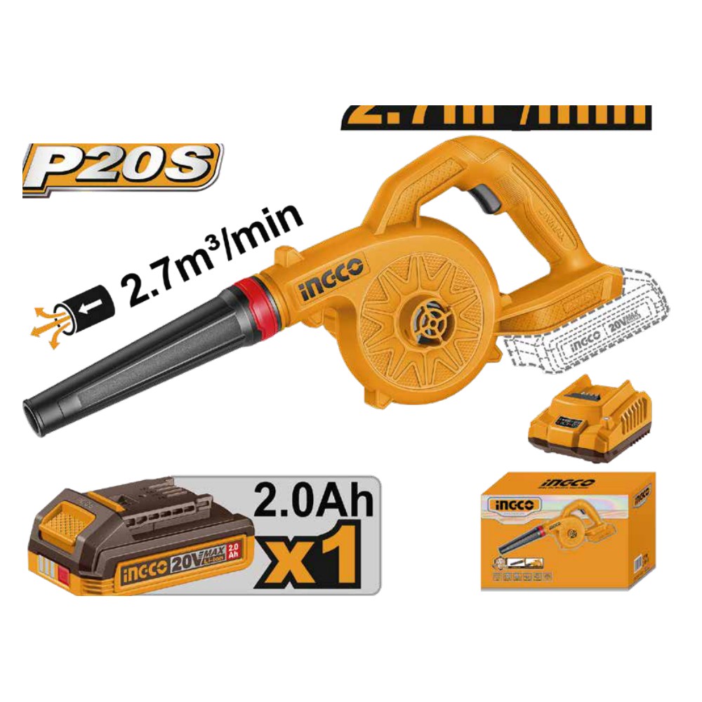 Soplador inalámbrico 20V 18000 rpm 2,7M3/MIN + 1 batería 2.0Ah + cargador