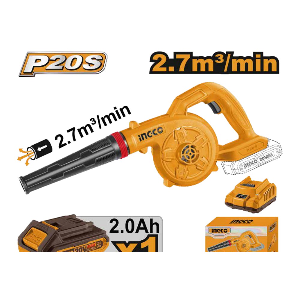 Soplador inalámbrico 20V 18000 rpm 2,7M3/MIN + 1 batería 2.0Ah + cargador INGCO
