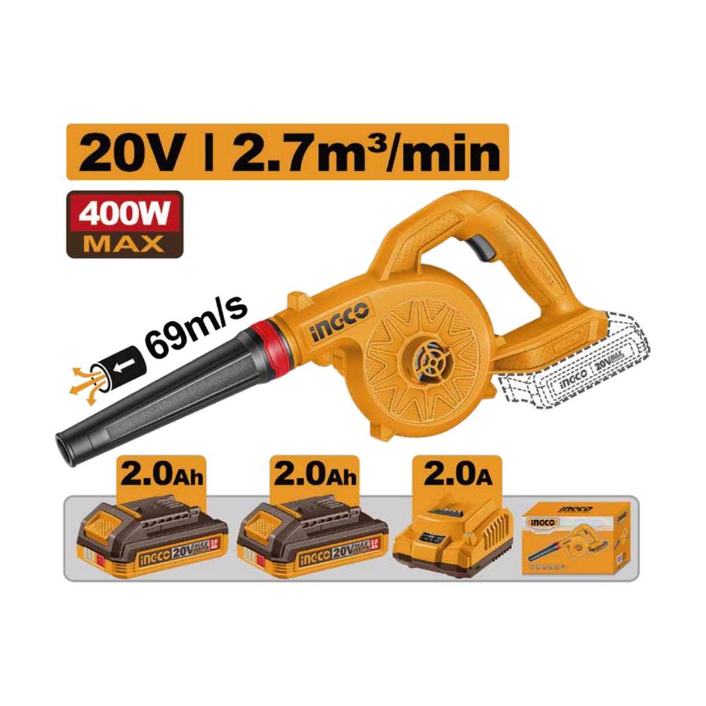 Soplador inalámbrico 20V 400W 18000RPM + 2 baterías 2.0Ah + cargador INGCO