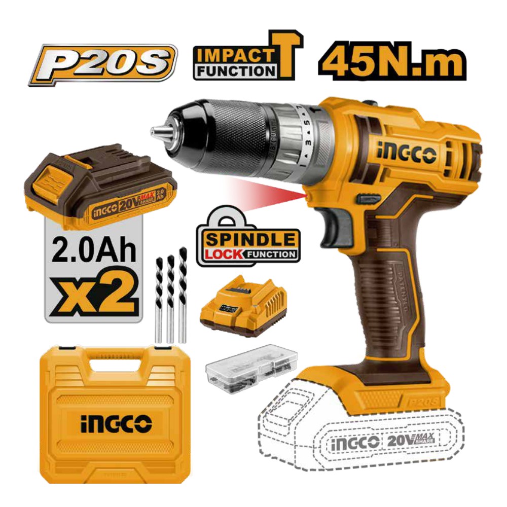 Taladro de impacto 3/8" 20V 45 N.m + 2 baterías 2.0Ah + cargador + maleta