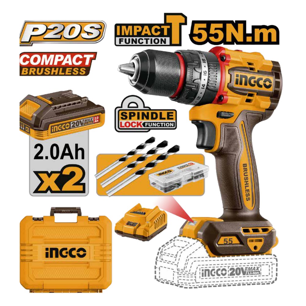 Taladro inalámbrico 1/2" 20V 55 N.m + 2 baterías 2.0Ah + cargador