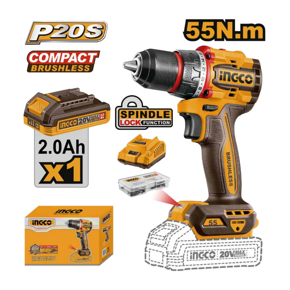 Taladro inalámbrico 1/2" 20V 55 N.m + 1 batería 2.0Ah + cargador