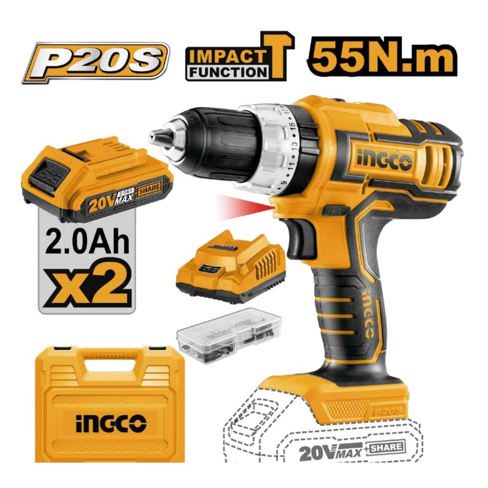 Taladro inalámbrico 1/2" 20V 55 N.m + 2 baterías 2.0Ah + cargador + maleta INGCO