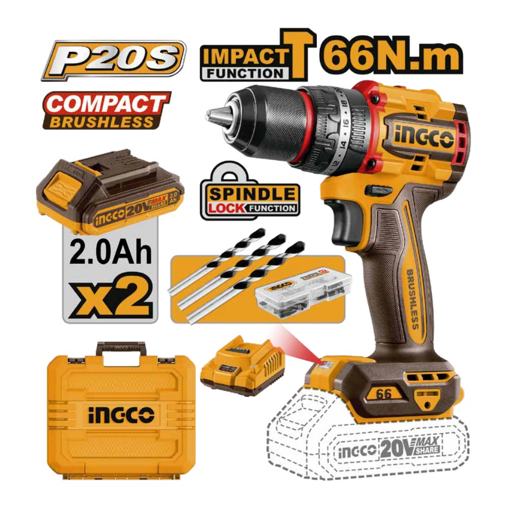 Taladro de impacto 1/2" BL 20V 66 N.m + 2 baterías 2.0Ah + cargador + maleta