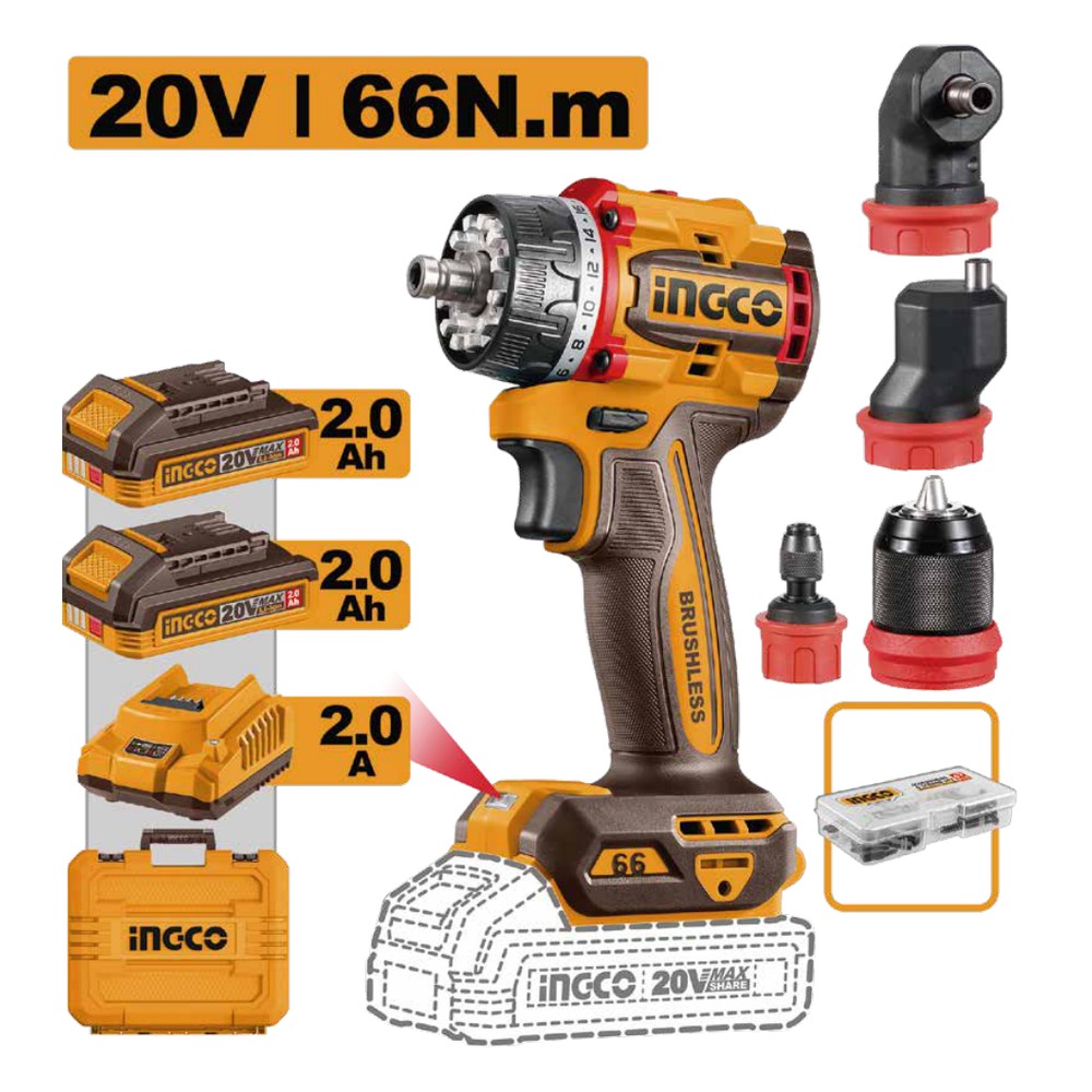 Taladro inalámbrico 1/2" BL 20V 66 N.m + 2 baterías 2.0Ah + cargador + maleta INGCO