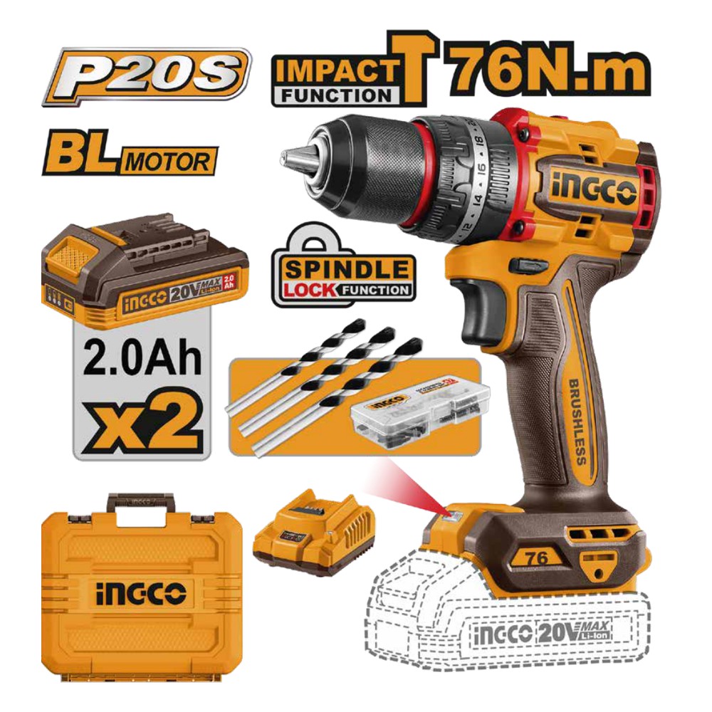 Taladro de impacto 1/2" BL 20V 76 N.m + 2 baterías 2.0Ah + cargador + maleta INGCO