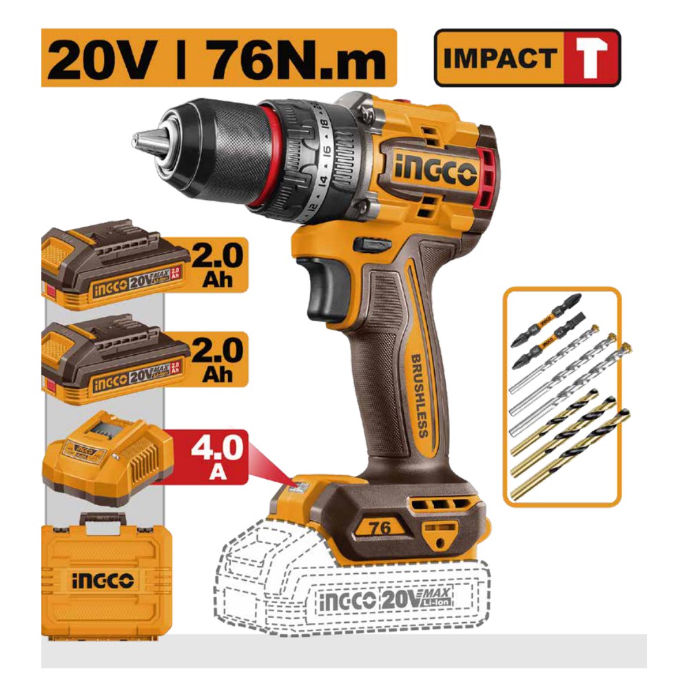 Taladro de impacto 1/2" BL 20V 76 N.m + 2 baterías 2.0Ah + cargador + maleta