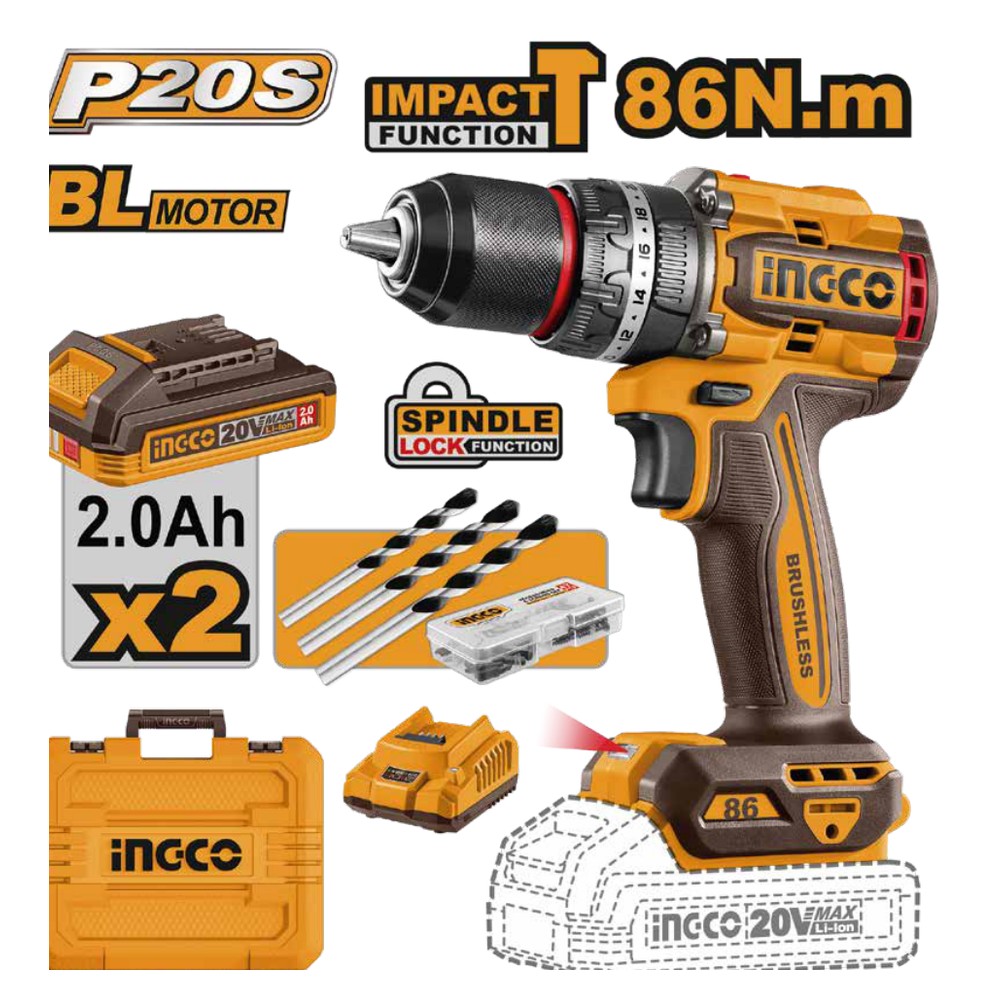 Taladro de impacto 1/2" BL 20V 86 N.m + 2 baterías 2.0Ah + cargador + maleta INGCO
