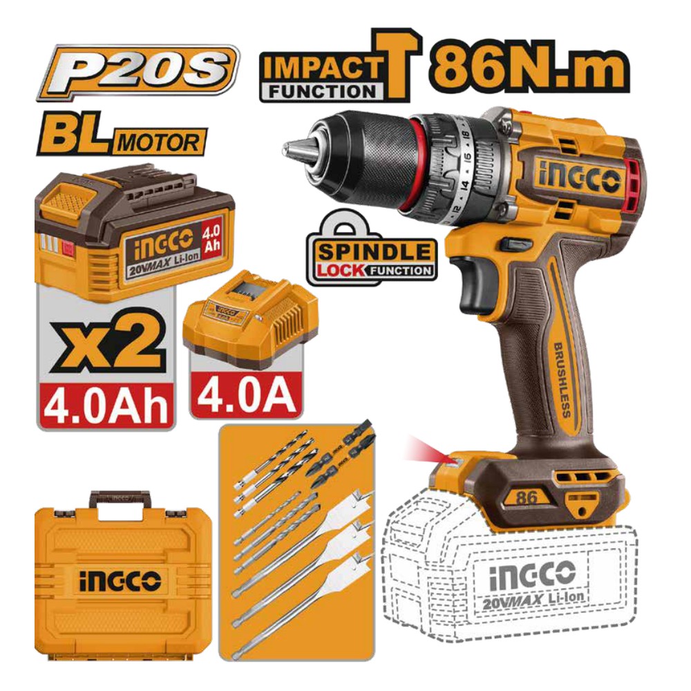 Taladro de impacto 1/2" BL 20V 86 N.m + 2 baterías 4.0Ah + cargador + maleta INGCO