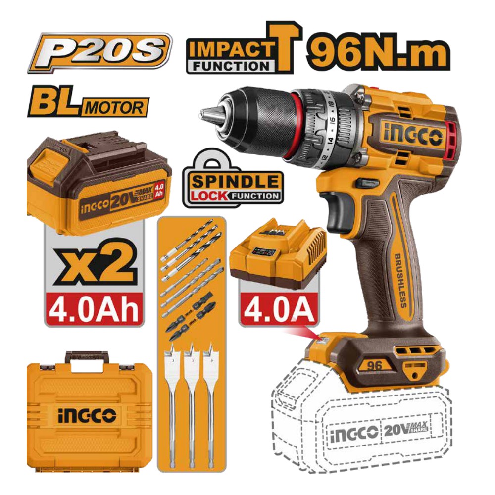 Taladro de impacto 1/2" BL 20V 96 N.m + 2 baterías 4.0Ah + cargador + maleta INGCO