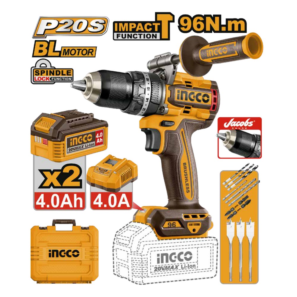 Taladro de impacto 1/2" BL 20V 96 N.m + 2 baterías 4.0Ah + cargador + maleta
