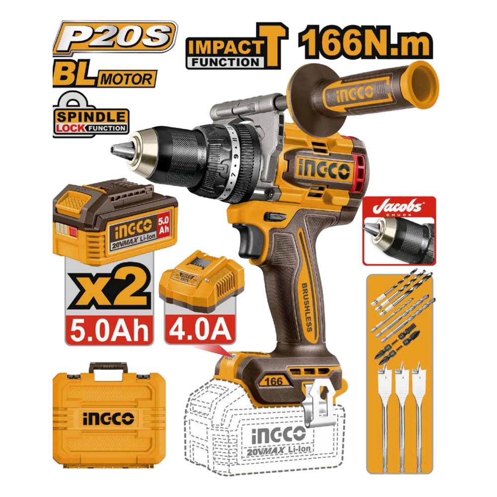 Taladro de impacto 1/2" BL 20V 166 N.m + 2 baterías 5.0Ah + cargador + maleta