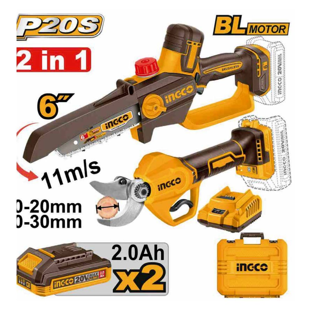 Juego combinado de 2 piezas motosierra de iones de litio 6" BL 20V + tijera de podar inalámbrica 30MM BL 20V + 2 baterías 2.0Ah + cargador + maleta INGCO