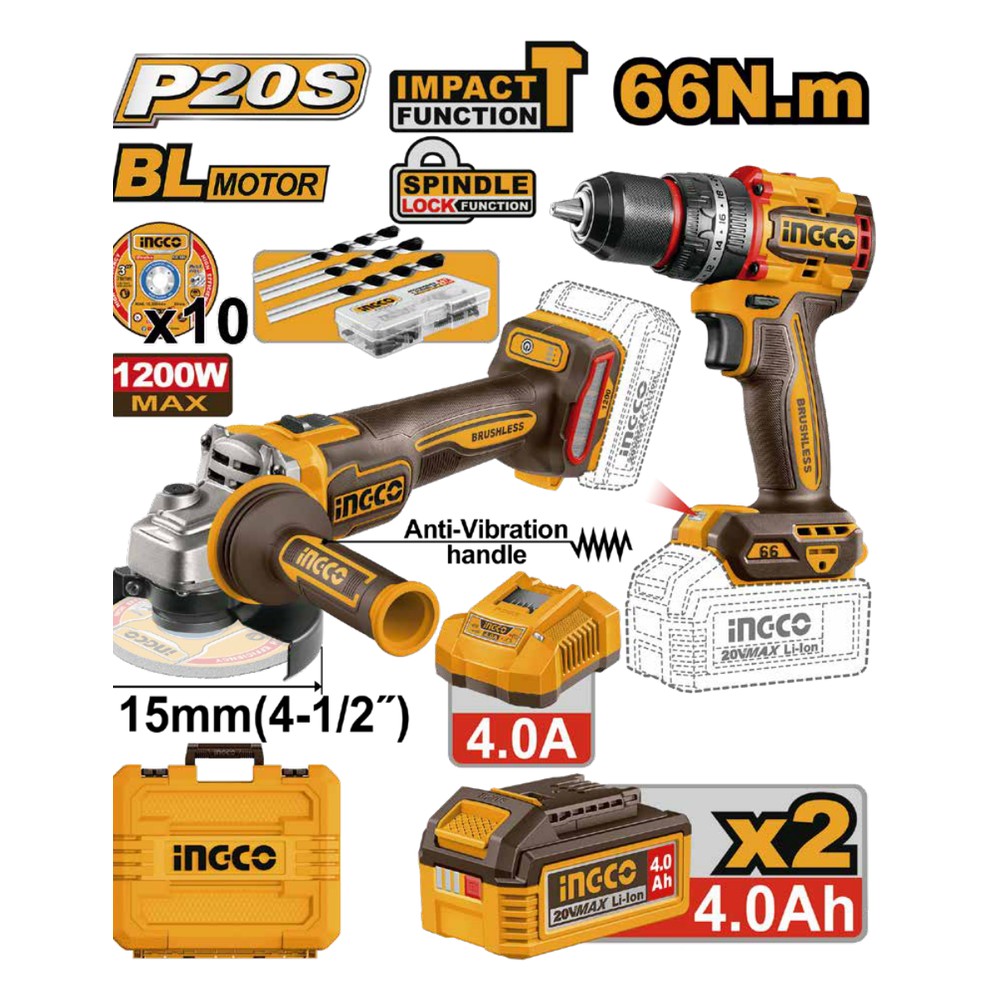 4-1/2" 1200W BL 20V + 2 baterías 4.0Ah + cargador + maleta