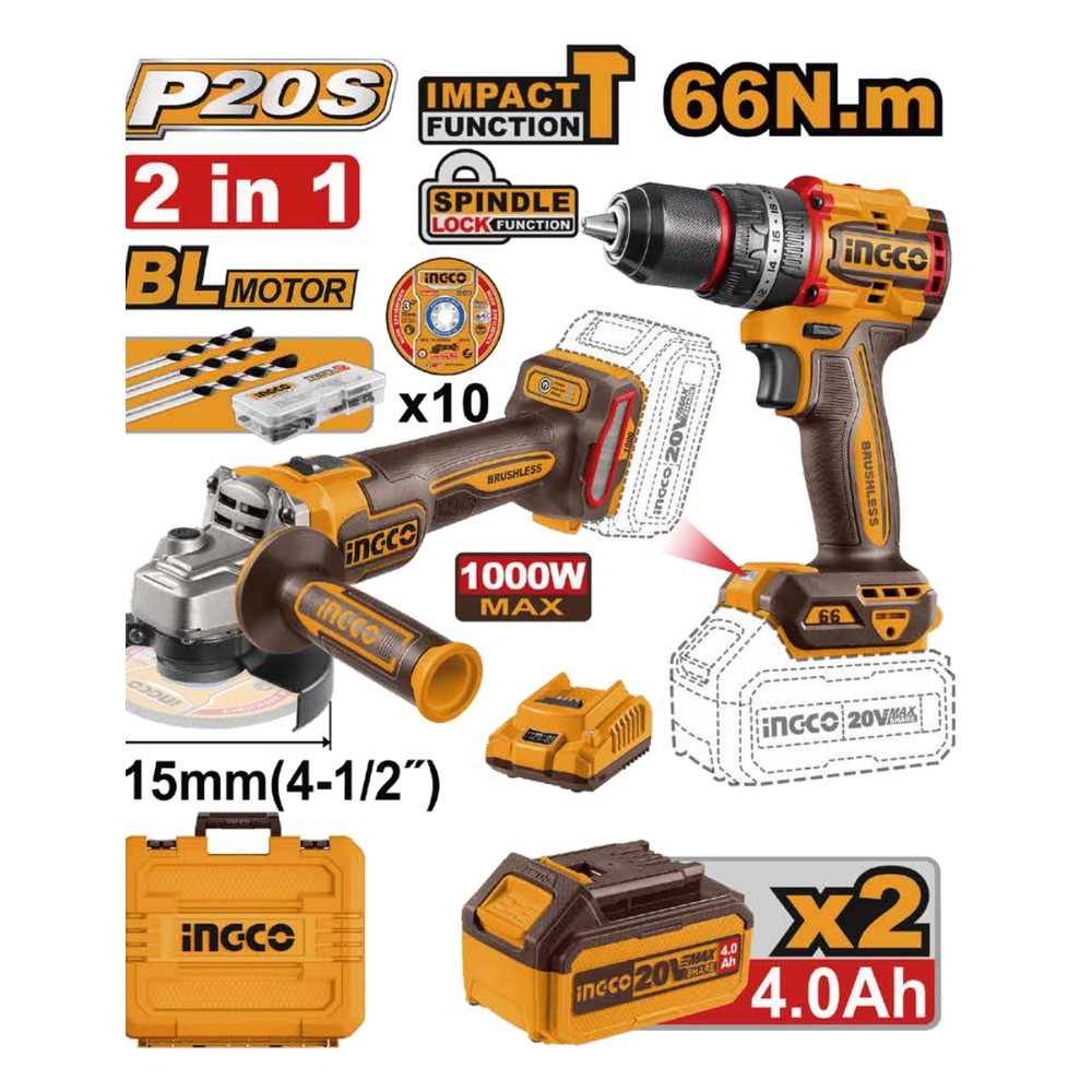 Juego combinado de 2 piezas taladro de impacto 1/2" BL 20V 66 N.m + amoladora angular 4-1/2 BL 20V 9000RPM + 2 baterías 4.0Ah + cargador + maleta INGCO