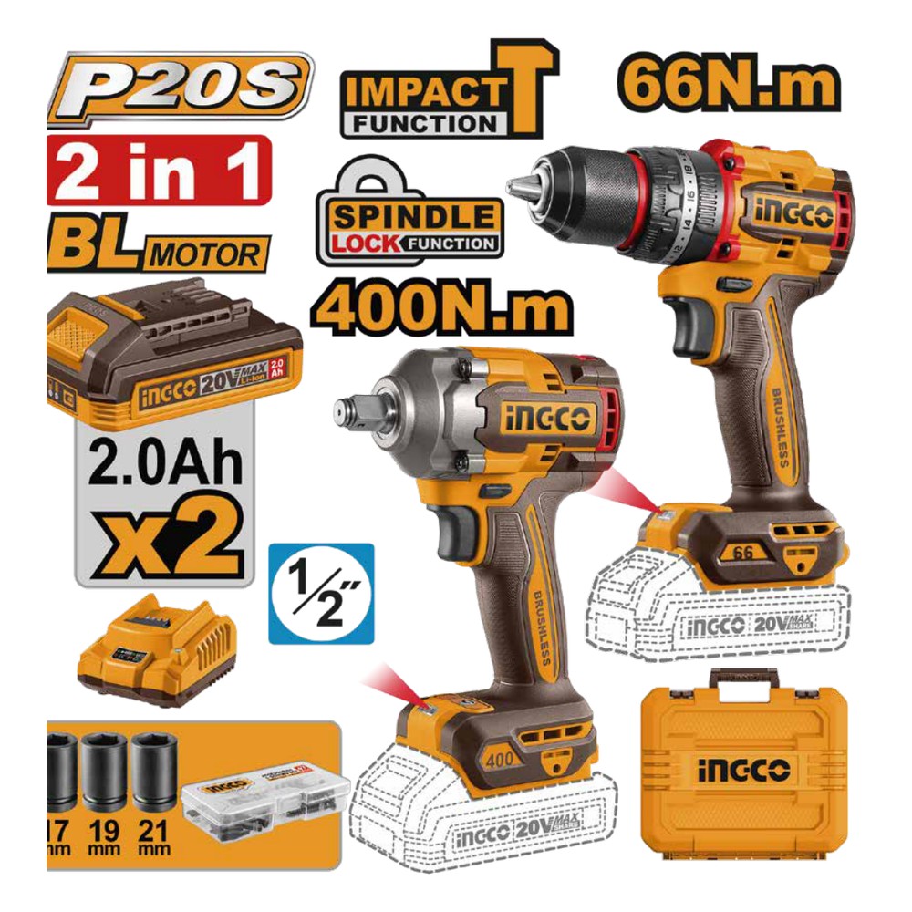 Juego combinado de 2 piezas taladro de impacto 1/2" BL 20V 66 N.m + llave de impacto 1/2 BL 20V 400 N.m + 2 baterías 2.0Ah + cargador + maleta INGCO