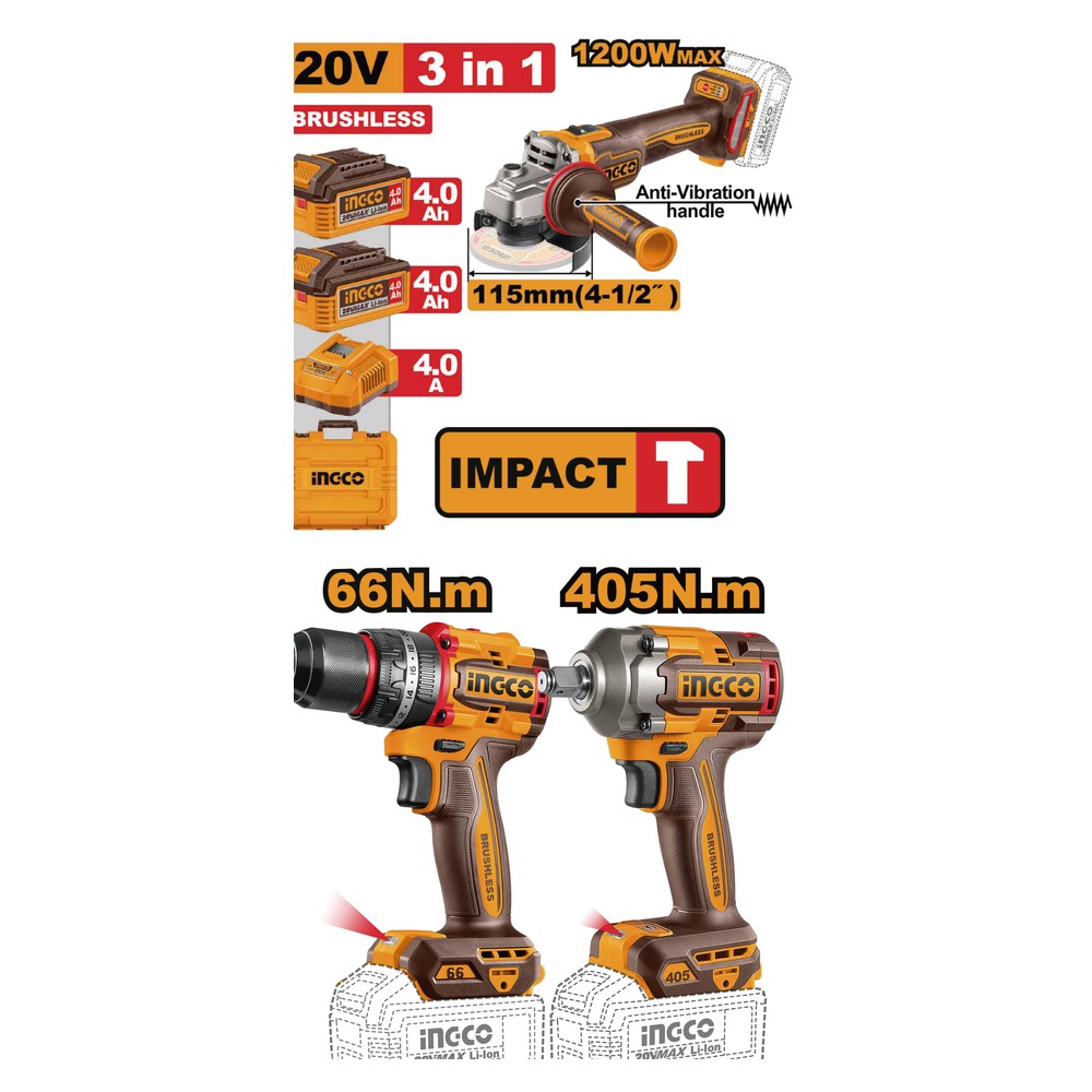 Inalámbrica 1/2" BL 20V 405 N.m + amoladora angular 4-1/2" 1200W BL 20V + 2 baterías 4.0Ah + cargador + maleta INGCO