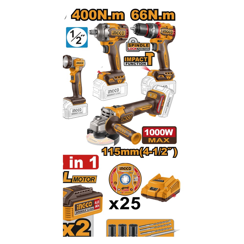 Juego combinado de 5 piezas taladro de impacto 1/2" + llave de impacto 1/2" 20V / + rotomartillo 2.5J + amoladora angular 4 1/2 + lampara + 2 baterías 4.0Ah + cargador + maleta INGCO.