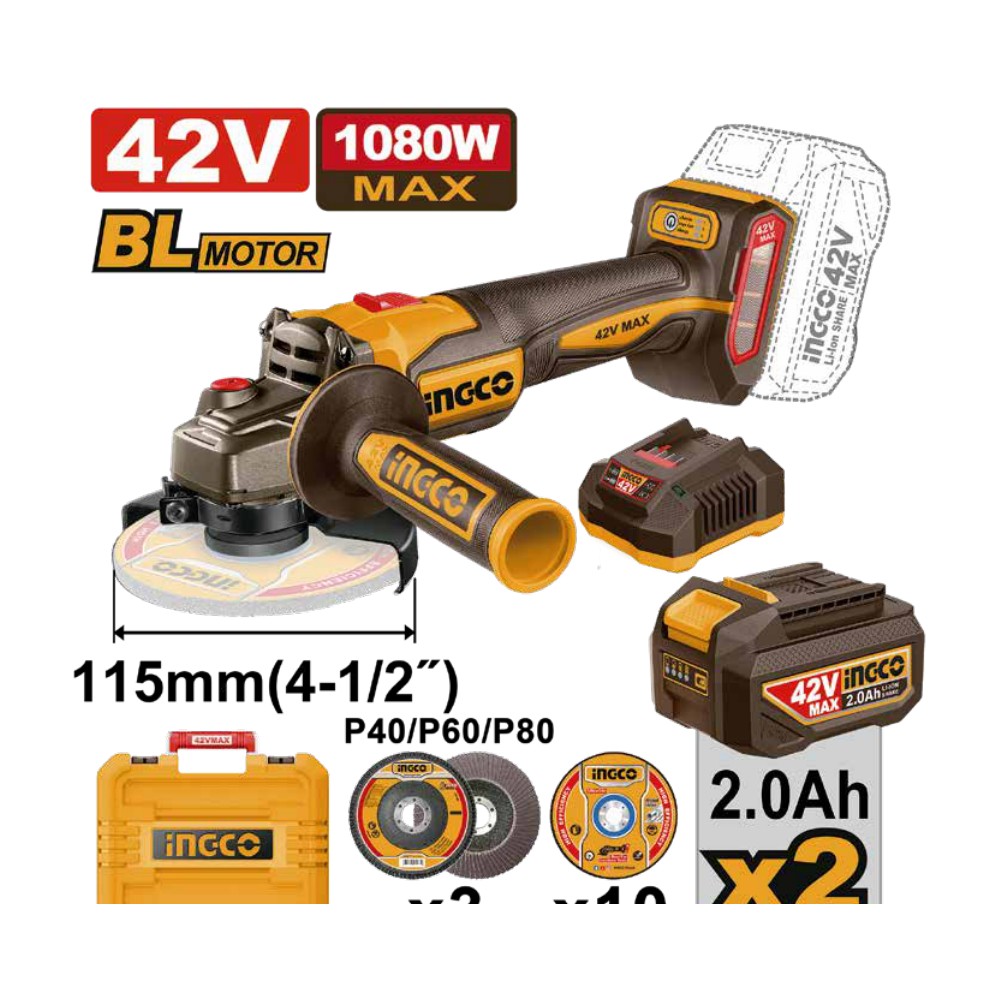 [UCAGLI4108112] Amoladora angular 4-1/2 BL 42V + 2 baterías 2.0Ah + cargador + maleta INGCO