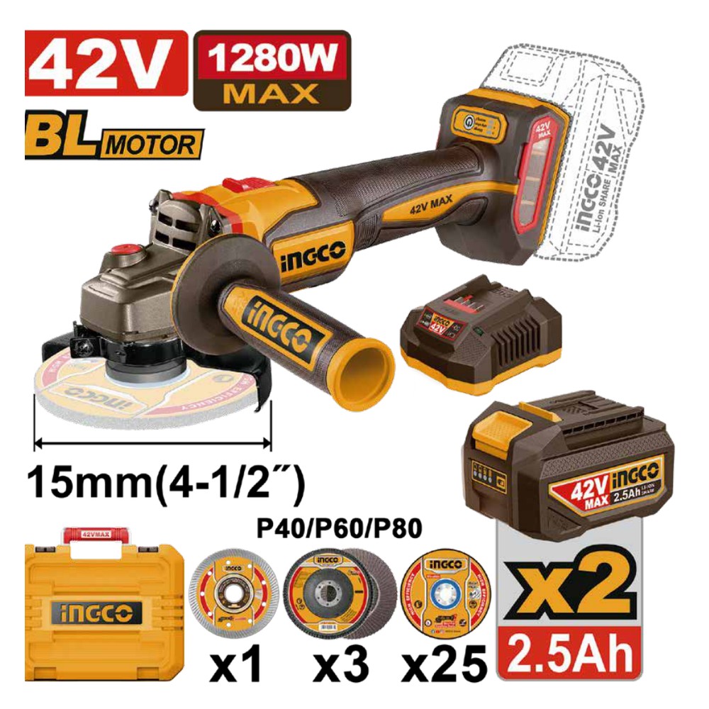 [UCAGLI4128112] Amoladora angular 4-1/2 BL 42V 1280W + 2 baterías 2.5Ah + cargador + maleta INGCO.