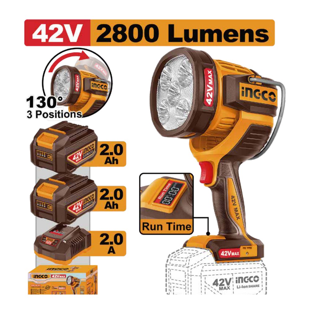[UCWLI42896] Linterna de trabajo inalámbrica 2800LM 42V + 2 baterías 2.0Ah + cargador INGCO