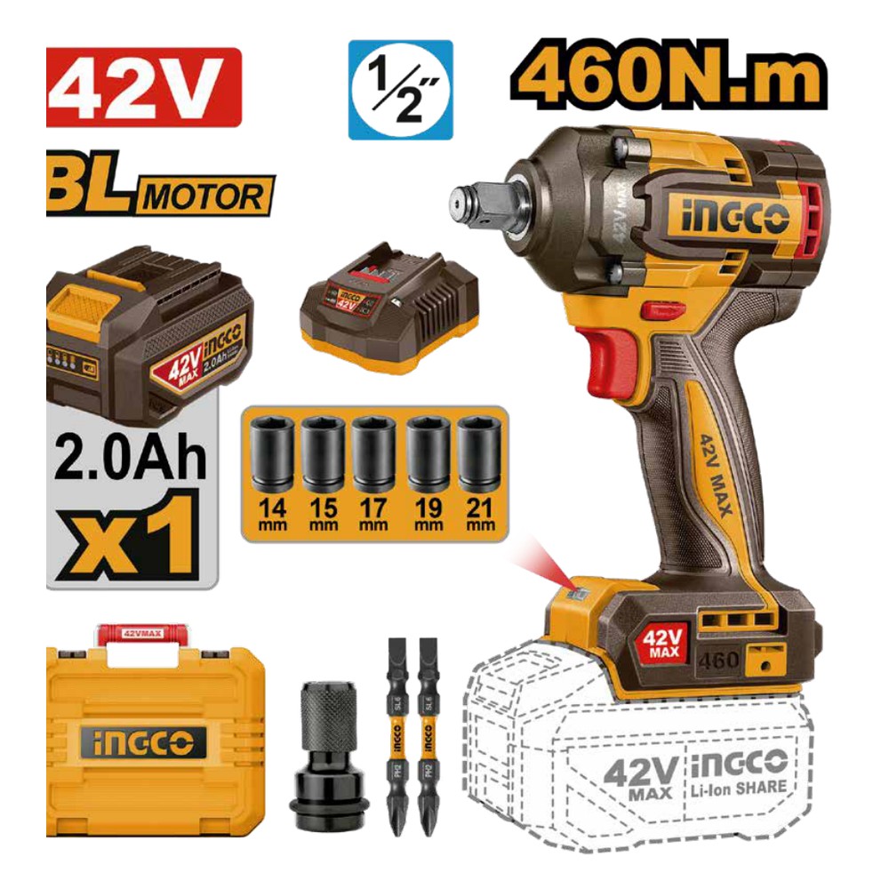 [UCIWLI42461] Llave de impacto inalámbrica 1/2" BL 42V 460 N.m + 1 batería 2.0Ah + cargador + maleta INGCO