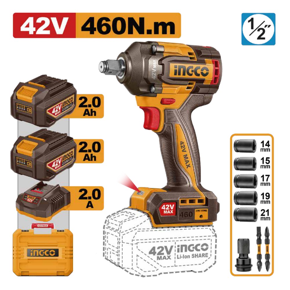 [UCIWLI42462] Llave de impacto inalámbrica 1/2" BL 42V 460 N.m + 2 baterías 2.0Ah + cargador + maleta INGCO