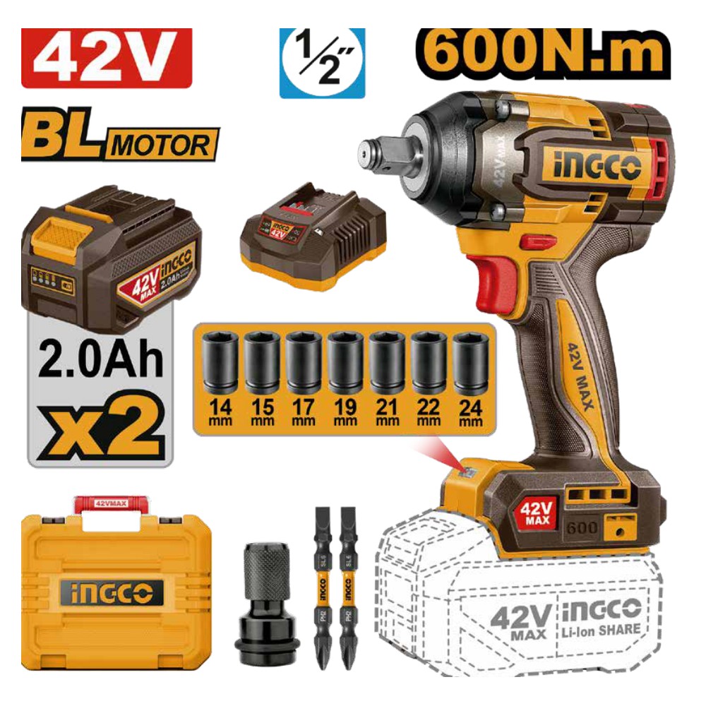 [UCIWLI42602] Llave de impacto inalámbrica 1/2" BL 42V 600 N.m + 2 baterías 2.0Ah + cargador + maleta