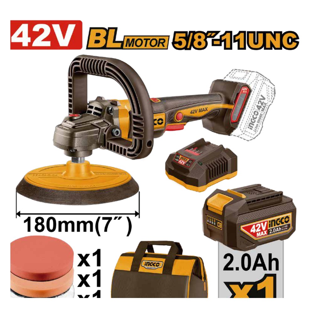 [UAPLI42181] Pulidora inalámbrica 180MM BL 42V 2500RPM + 1 batería 2.0Ah + cargador + bolsa